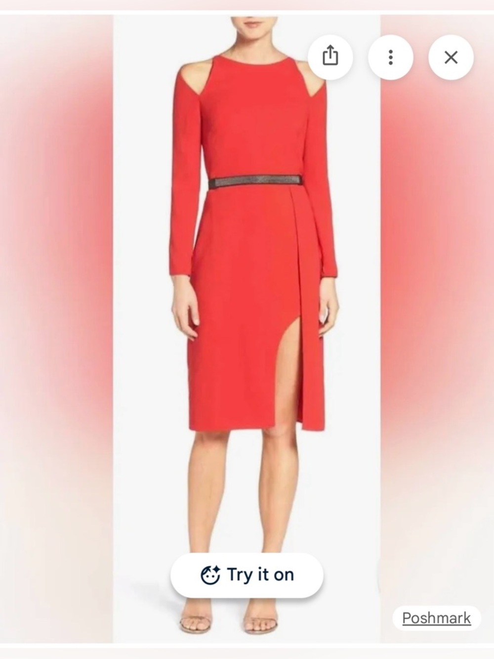 Halston Heritage Scarlet Cold Shoulder Belted Sheath Dress Long Sleeve Size 6